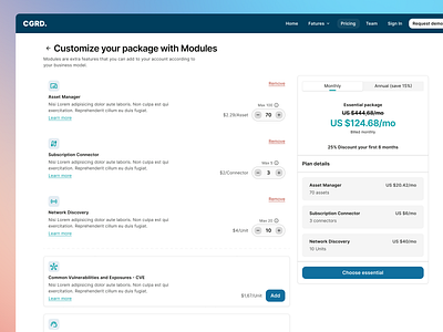 Pricing add-ons interface pricing saas software ui