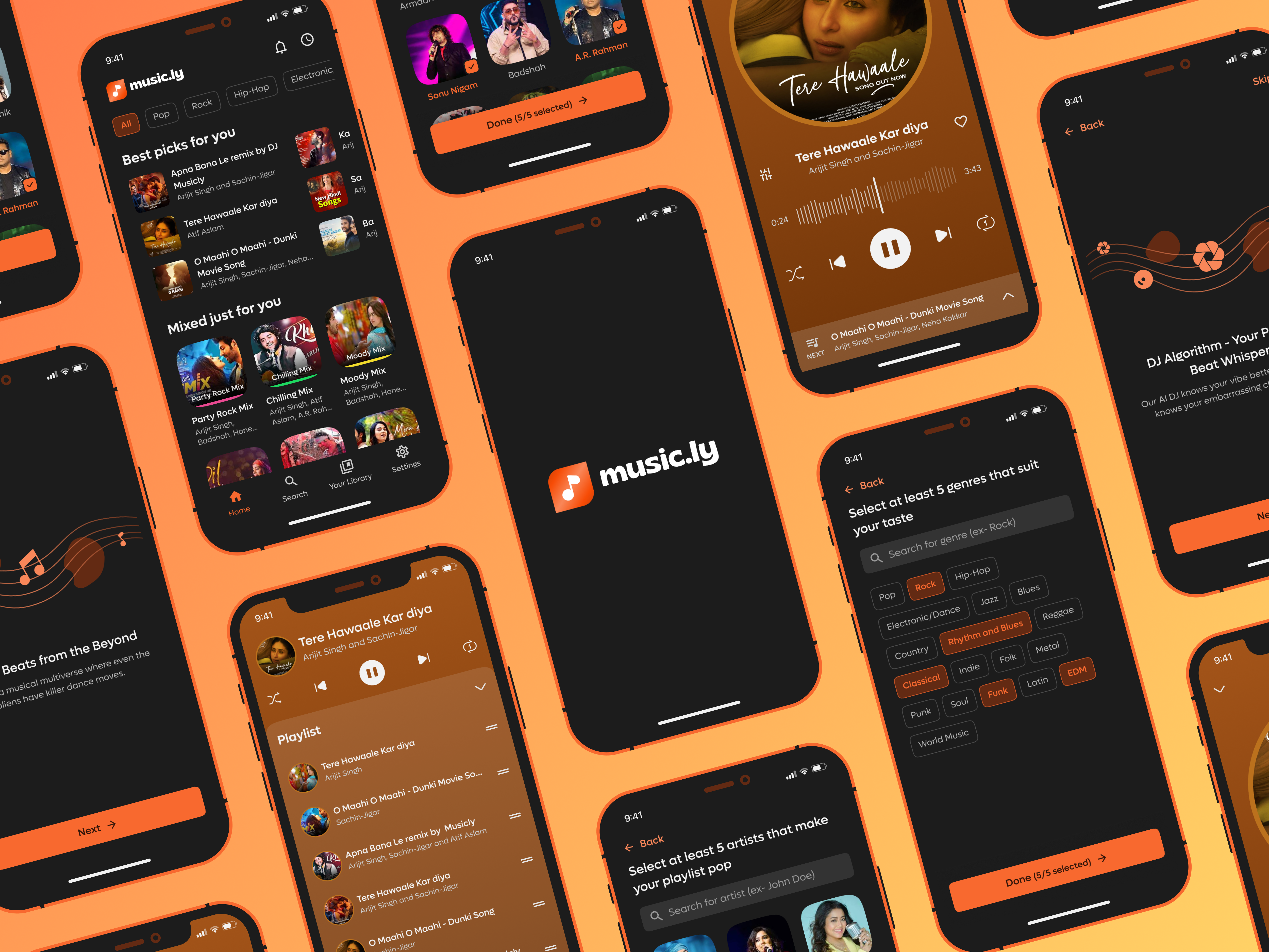 Musicly - Music Streaming App UI/UX design adobe xd dar mode dark mode dark mode app design design figma gradient theme mobile mobile app design mobile ui music app music app design music streaming app orange color prototyping trending trending mobile app ui ui ux