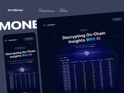 SmrtMoney- Insights With Ai ai ai landing analytics crypto dark design insights landing landing page money on chain site trade trading trend ui uidesign uiux web website