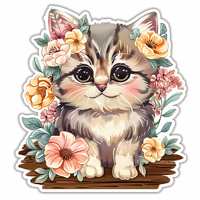 Cute Kitten Boho Floral Sticker Clipart Created With AI 3d animation branding cat design graphic design illustration logo merch by amazon motion graphics sticker typography ui ux vector