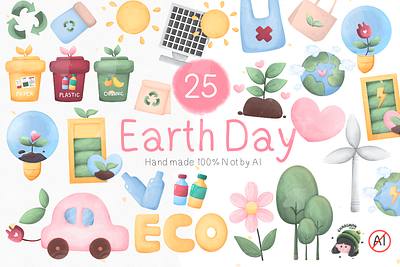 Earth Day Clipart Watercolor PNG File animation branding clipart design earth earth day elements graphic design illustration