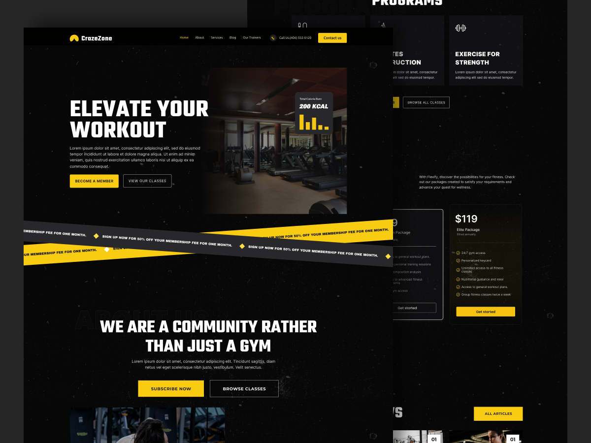 CarzeZone Gym Website fitness programs gym equipment gym website membership options personal training special offers uiux design virtual training website design workout classes