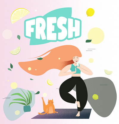 Illustration for a soda can beverage can cat fresh ginger girl graphic design illustration lemons mint packaging refreshing soda wind yoga