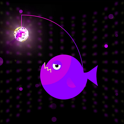 Follow the call of a Discoball! 2d aftereffects animated gif bubbles cute dance deep sea disco discoball fish fun glow lights motion graphics music party purple shine sparkle swim