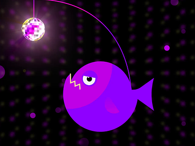 Follow the call of a Discoball! 2d aftereffects animated gif bubbles cute dance deep sea disco discoball fish fun glow lights motion graphics music party purple shine sparkle swim