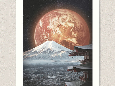 Fiery planet bathing Mount Fuji and city in a warm radiance. collage cosmic digital art fantasy futurism futuristic galaxy japan japanese modern mount fuji night photoshop poster retro space surreal surrealism vintage wall art