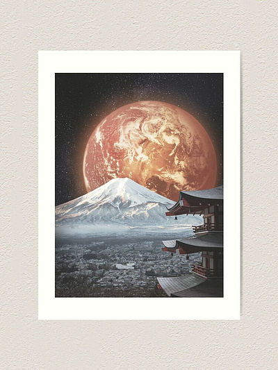 Fiery planet bathing Mount Fuji and city in a warm radiance. collage cosmic digital art fantasy futurism futuristic galaxy japan japanese modern mount fuji night photoshop poster retro space surreal surrealism vintage wall art