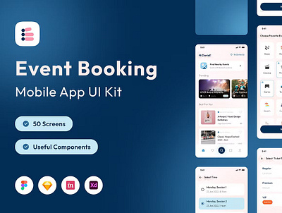 Evento - Event Booking Apps UI KIT app apps booking business celebrate club concert conference education event figma hall meeting mobile party seminar stage ui ui kit ux website template