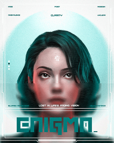 Enigma poster design album art blue blur blurry blurryness clear collection cover design face graphic design hair illustration portrait poster typography vector woman y2k