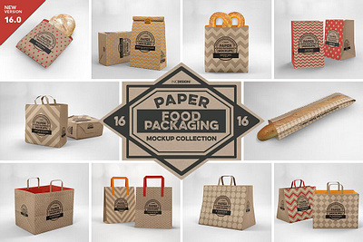 VOL. 16 Food Box Packaging Mockups bags bakery boxes bread carrier diecut flat folded food grocery handles kraft packaging paper shopping supermarket takeout