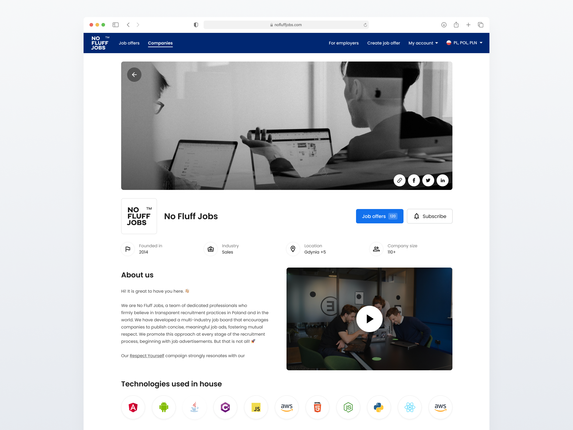 Company page company cta listing logo navigation social media tags technologies video