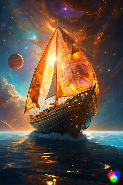 Into the UNIverse abstract accross galexy animation colorful galaxy galexy illustration moon ocean see ship space sun universe world
