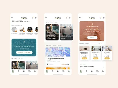 Brightly Community App articles cards challenges chat dashboard editorial feed ios list minimal mobile app notification tab bar widget