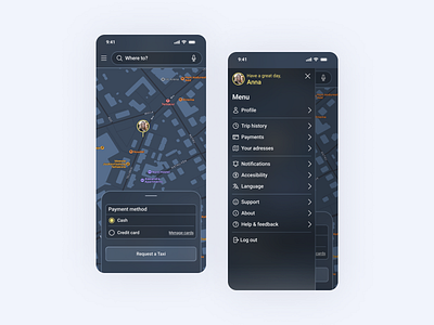 UI Design for Taxi Booking App app booking design mobile night mode taxi ui ux