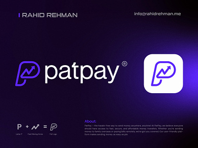 PatPay - Money Transfer Software Company Logo. Letter P + Arrow arrow bank branding card creative logo design finances icon logo logotype modern logo online banking online payment p pay pay app payment payment app symbol wallet