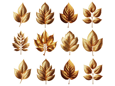 set of golden leaf isolate on transparent background 3d branding foliage graphic design ui