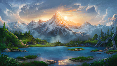 Breathtaking mountain landscape at sunrise reflections