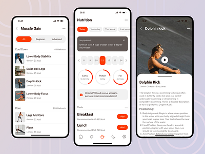 Health Tracker mobile app design article calendar dashboard fitness gym health history lessons mobile design planner sport statistycs tabs text tracker training ui design user interface ux video