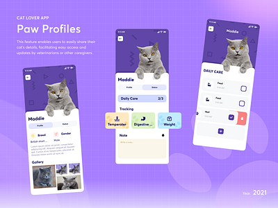 Paw Profile - Cat lover app's function. app care caregivers cat information mobile ui vet