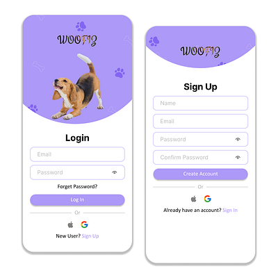 Login and Signup page of a dog match Application ui