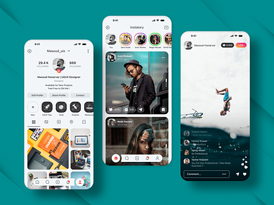 Social Media Mobile App | Instatory android app design instagram ios live page mobile mobile app mobile app design mobile app ui modern ui new social media profile page social app social media social media app social media ui ui uiux uiux design ux