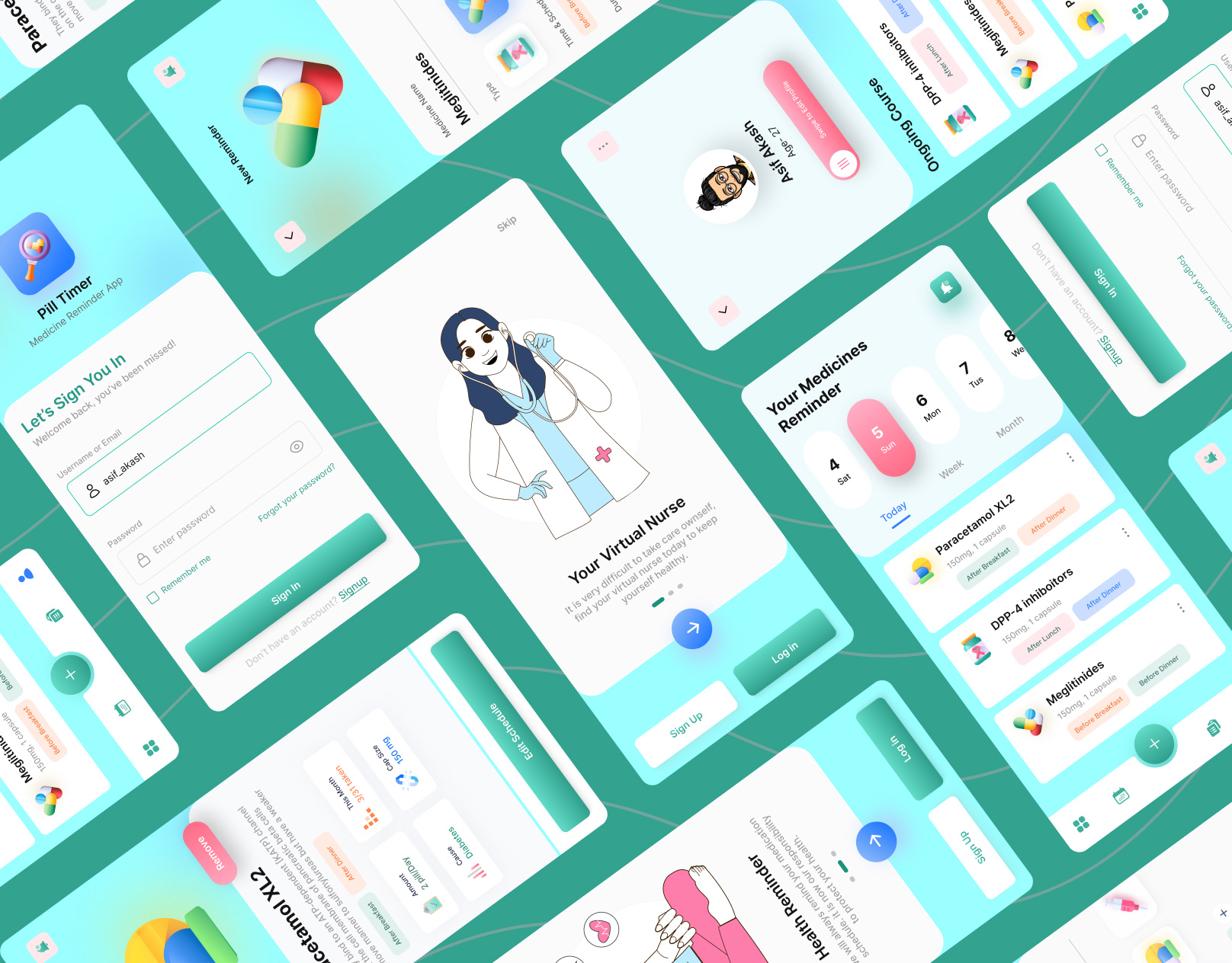 Medicine Reminder Mobile App UI Design app design biology care cure disease doctor finder health health app medic medical medical app medication management pharmacy app pills reminder schedule simple tablets tracker