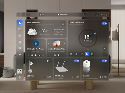 Keffision: Apple Vision Pro Smart Home App air conditioner app apple apple vision pro control dashboard design glassmorphism humidifier lights minimalist music player router smart home trending ui ux vision weather website