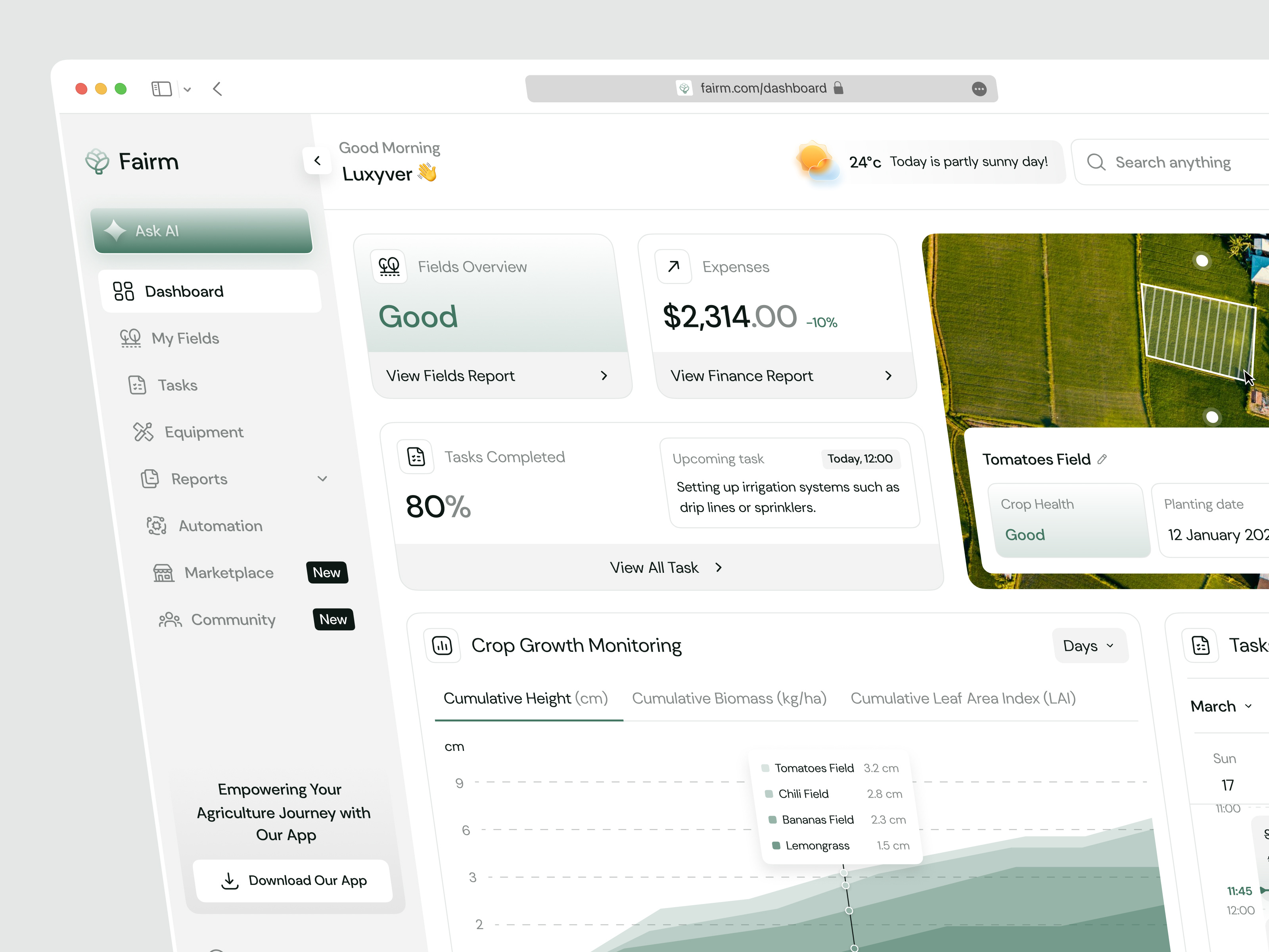 AI Farm Management - Dashboard agriculture ai ai powered artificial intelligence chart crop dashboard design farm farmer field light mode management plant product design ui ui design uiux weather