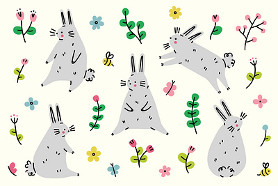 Spring elements bunny easter flowers illustration rabbit spring vector