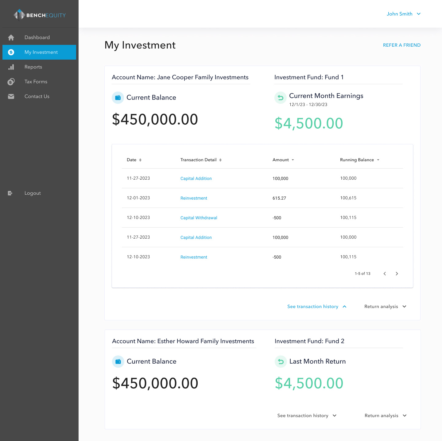 Bench-equity admin dashboard design figma investment money reports tax ui ux website