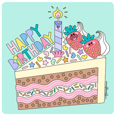 Happy birthday! Strawberry cake 2d birthday cake card character design cute design digital illustration drawing flat food graphic design happy happy birthday illustration illustrator kawaii postcard strawberry vector