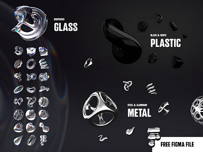 3D shapes (free) 3d 3d objects 3d shapes blender dispersed glass elements figma file metal plastic ui