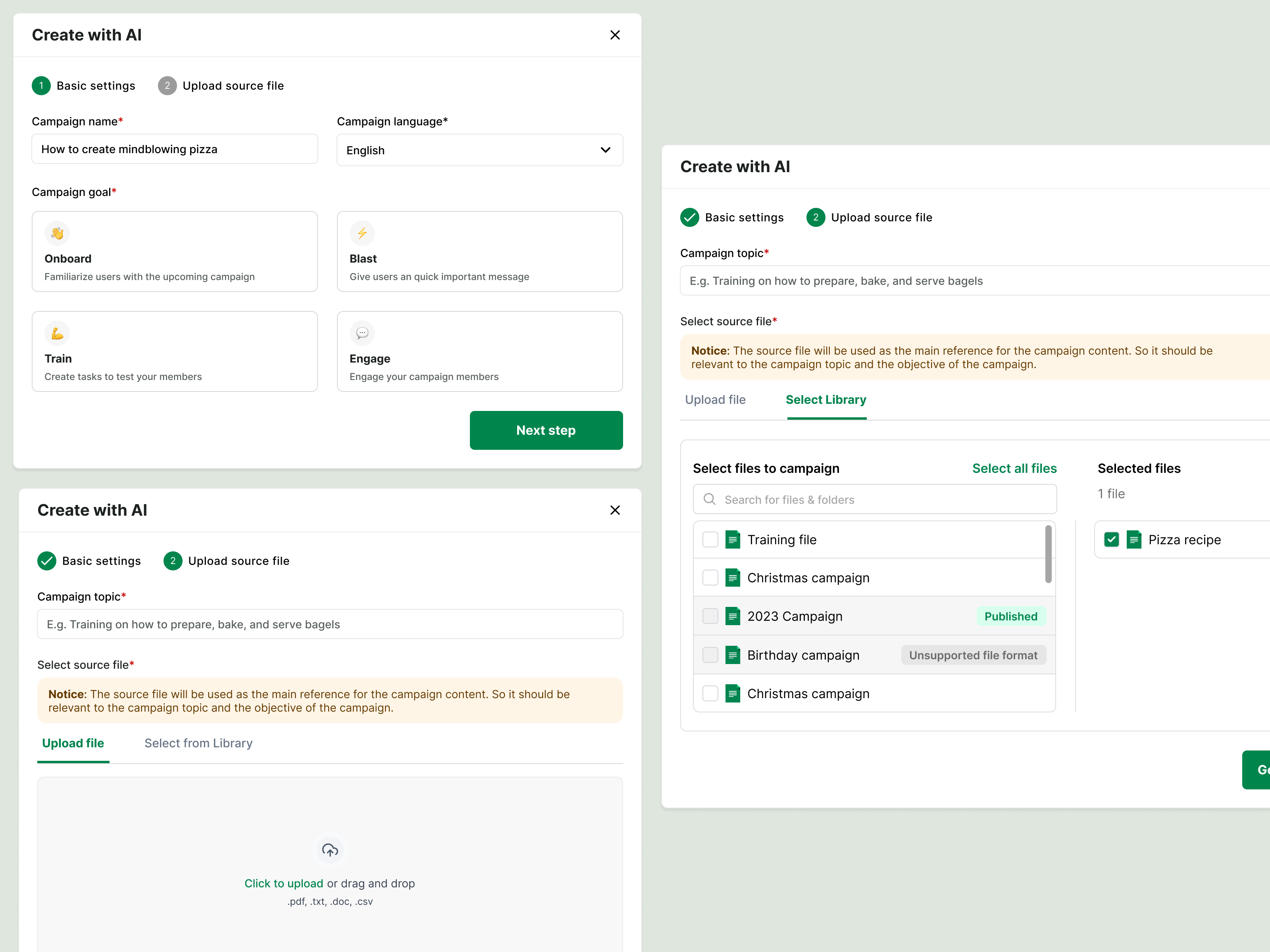 Dashboard modal components - Create campaign with AI ai campaign ai campaigns ai create campaign candidate experience candidate hire communication ai campaign communication campaign components create campaign create recruitment campaign hire candidate hr modals modals onboarding popup product design steps tabs ui uploader