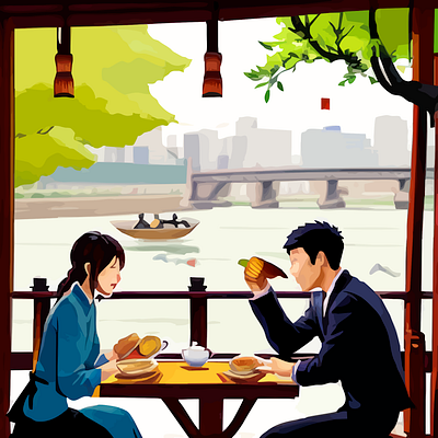 Two Young Men and Several Women Dining at a Tea-house on the Ban graphic design