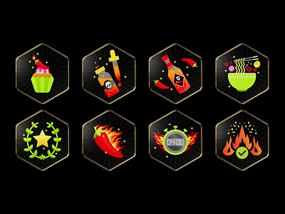 League of Fire 3D Achievement Badges 3d 3d badges achievement achievement badge award badge design badges challenge chilli gamification gold badges hexagon hot sauce icons medal reward spicy sticker set trophy winner