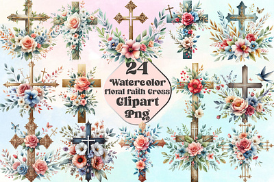 Watercolor Floral Faith cross Clipart gardening