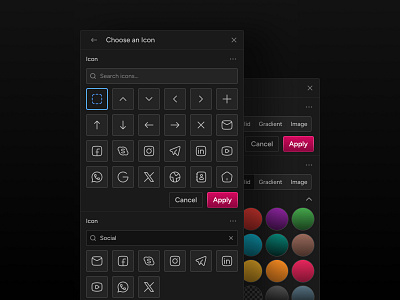 Choose Icon/Colors (Dark) admin admin panel clean color picker colorful components dark dark ui darkmode figma gradients icon picker magicdesigns magicdesigns.co mason masonwellington panel saas saas dashboard ui