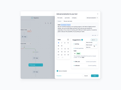 Text Editing and AI Correction | crm, saas ai ai tools analytics app crm dashboard editor input leads mailbox management marketing message open ai product designer saas templates uxdesign valeria savina designer web app web design