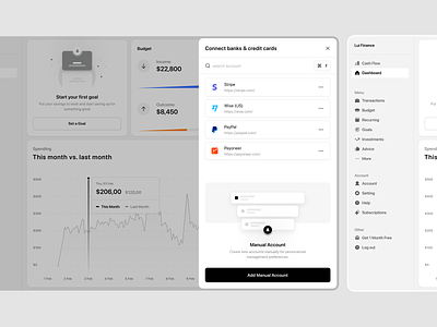 Manage your money → Connect Bank account bank button card cards credit dashboard form paypal product saas search stripe