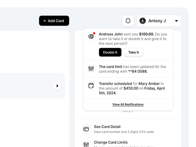 Take it, or double it and give it to the next person? 🎤 banking card clean component dashboard design desktop dropdown expand finance icon interface minimal notification payment profile saas simple ui web
