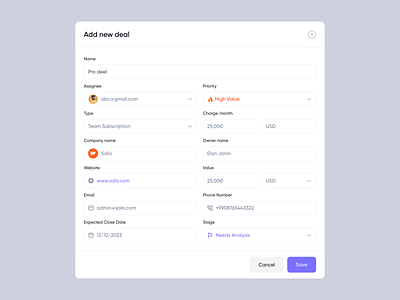 CRM - Add new deal add new deal b2b business chart crm crm dashboard crm deal crm modal daily ui dashboard input field modal saas software startup ui design ui ux ux design visual design web app