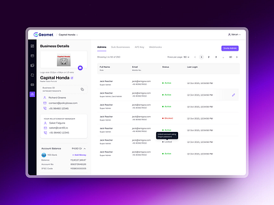 Business details screen from a card management fintech web app. user management