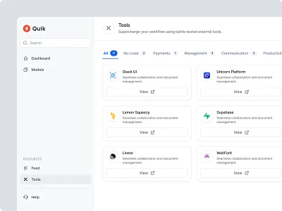 QUIK | Tools boxes clean clean ui desktop integrations listing minimalistic resources saas saas product side menu side navigation sidebar tabs tools web app