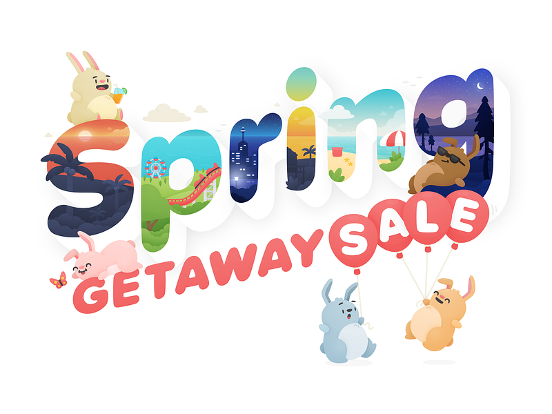 Deal Drops - Spring Getaway Sale balloon bunny butterfly cute happy hero hopper illustration sale spring travel