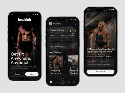 HealthFit - Fitness Training App animation app black body body workout design fitness fitness app gym gym app health mobile mobile app sport training typography ui ux weight loss workout