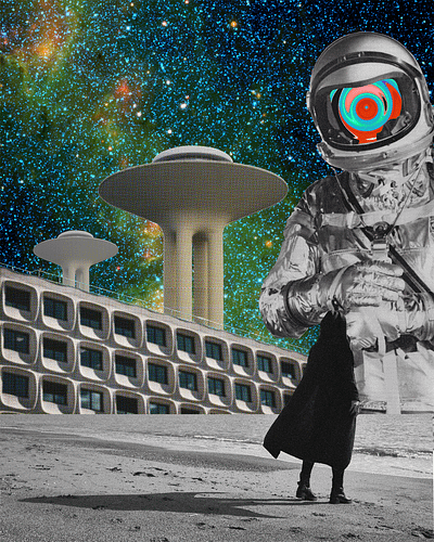 Cue the theremin! art astronaut collage mid century modern montage nasa outer space retro scanner art sci fi science fiction space age space race ufo