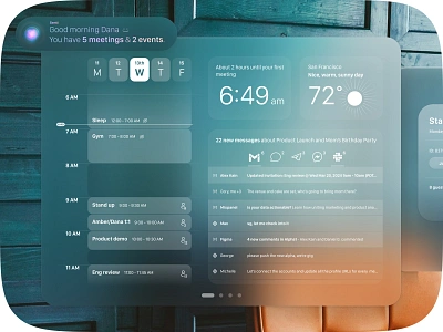 AR AI dashboard ai apple vision pro ar blur calendar dashboard high fidelity icons illustration ipad schedule transparent ui uiux vision weather