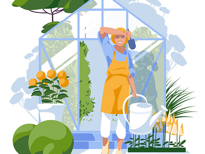 Gardening agriculture cultivate decorative farmer female flat gardening greenhouse grow harvest hobby illustration nature plant season spring summer vector woman work