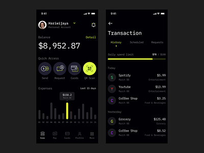 #Exploration - Finance App app bold charts clean dark mode data expenses finance history mobile numbers stats transaction typography ui ux whitespace