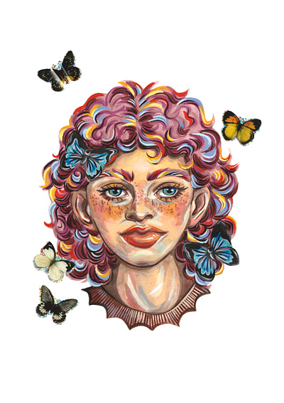 Butterfly Wizard butterflies character colourful contemporary fairytale fantasy fine art freckles gouache illustration magic mixed media multicoloured nature painterly painting portrait traditional art wildlife woman